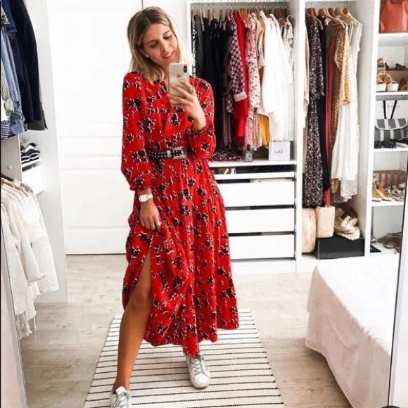 Zara Dresses & Skirts - Zara Angel Red Floral Tiered Skirt Long Puff Sleeves Maxi Dress Size S